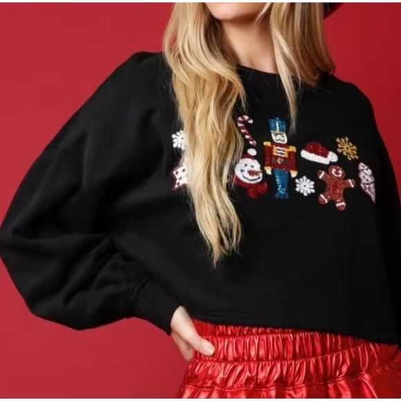 Christmas Sequin Black Cropped Sweatshirt Nutcracker Snowman Gingerbread Man sz - Picture 1 of 5